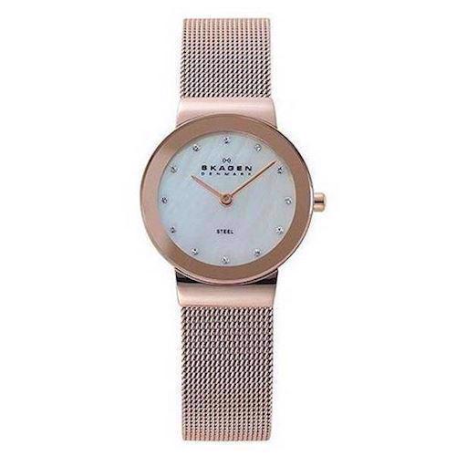 Image of SKAGEN DAMEUR STÅL MED ROSA FORGYLDT URKASSE OG LÆNKE